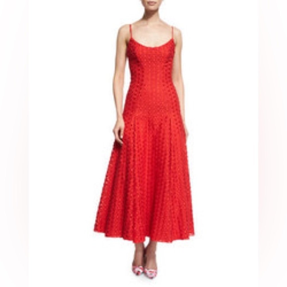 MONIQUE LHUILLIER Sleeveless Dotted Lace Midi Dress